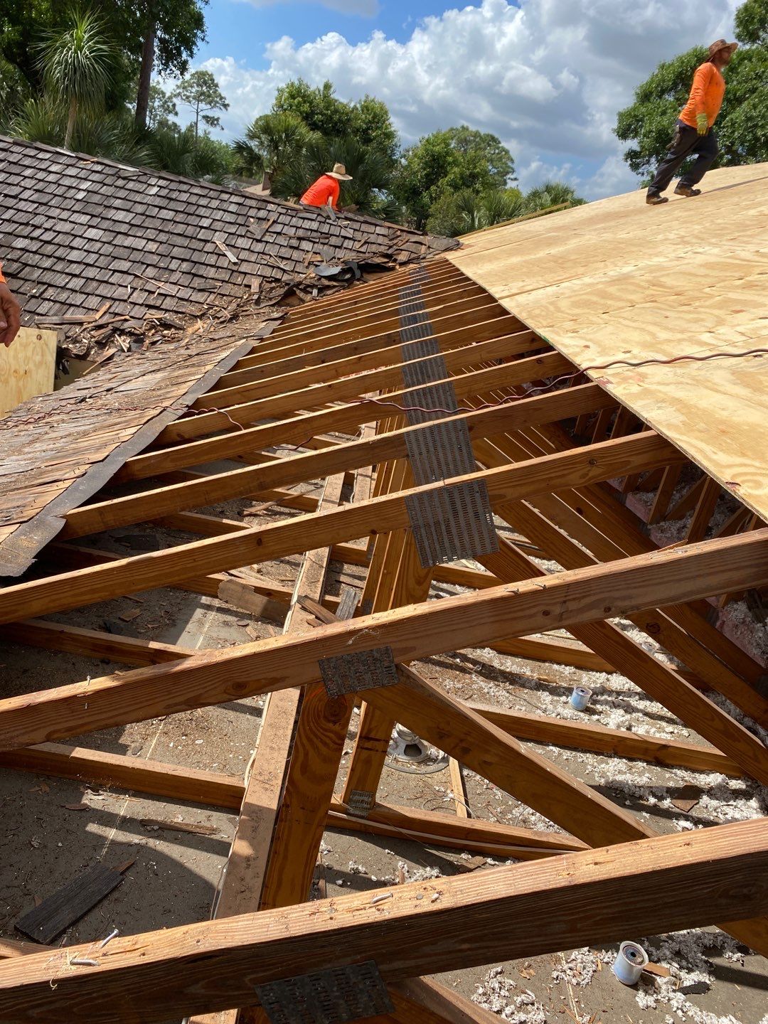 Exposed roof trusses during structural repairs