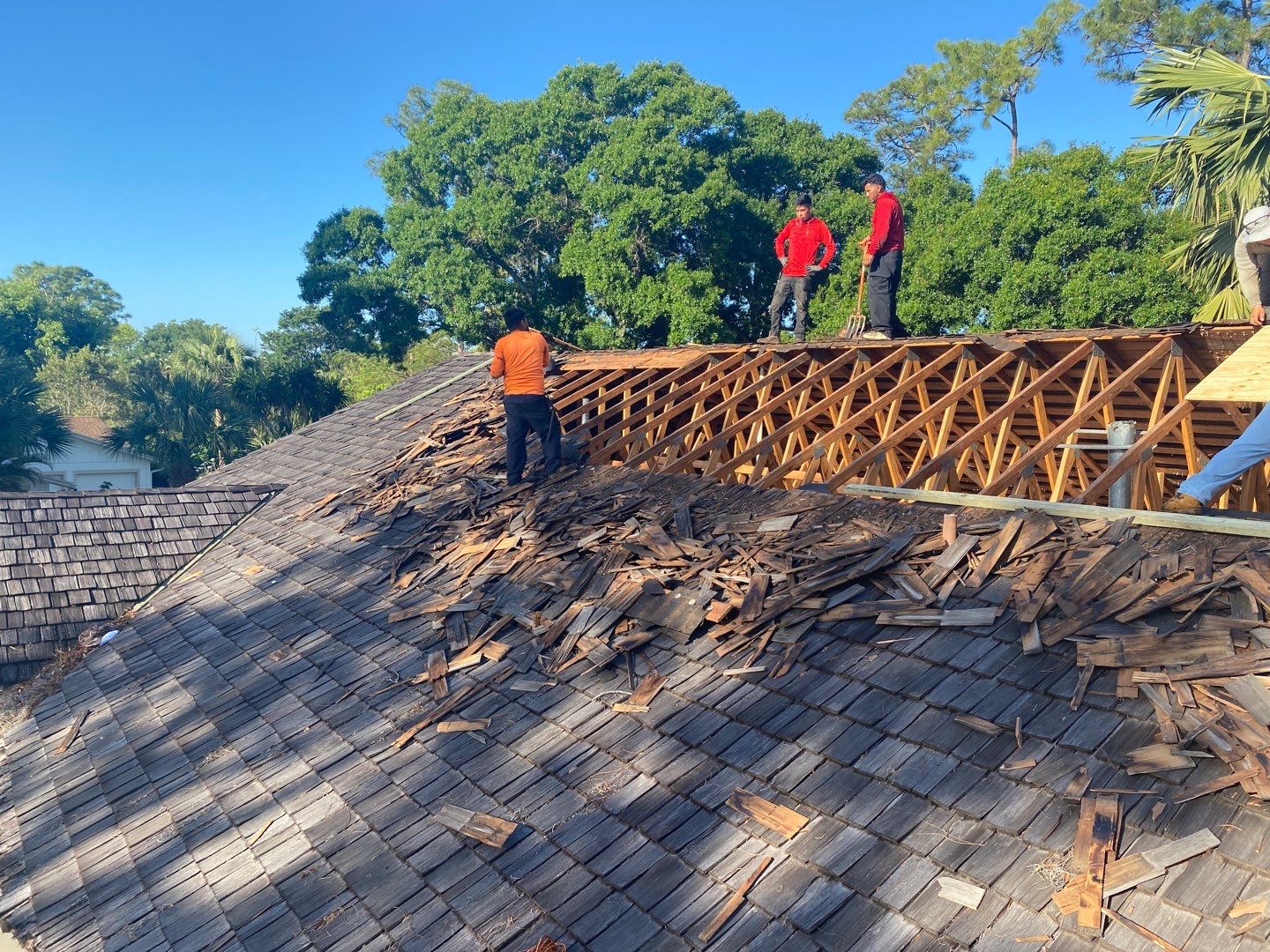 Wood shake roof tear-off and exposed framing