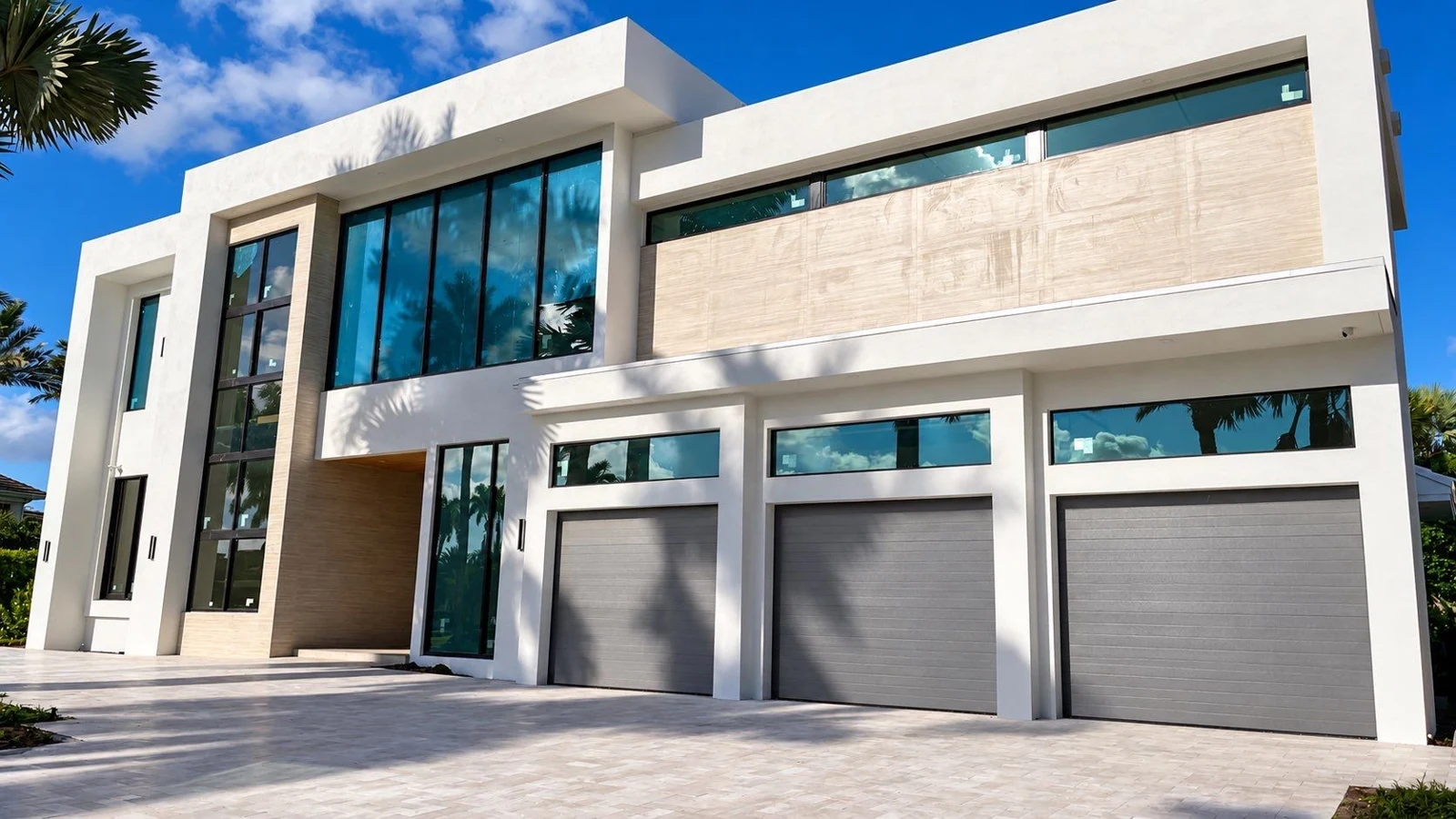 Completed contemporary Boca Raton residence with flat parapet roofs