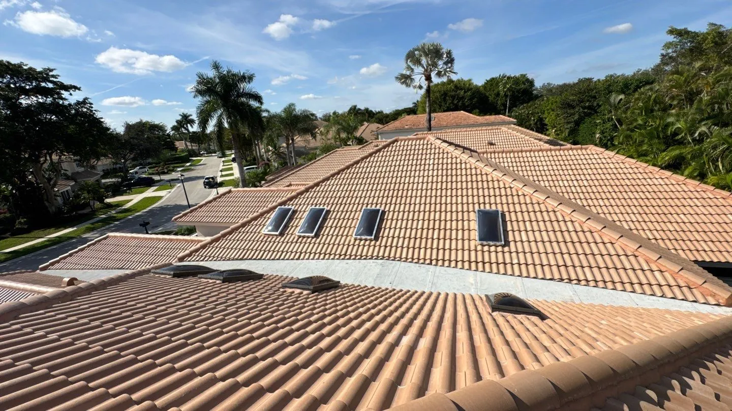 Completed clay tile roof replacement with skylights