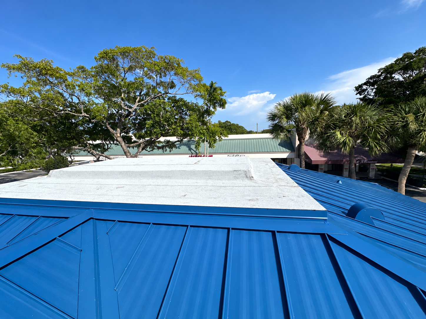 White modified-bitumen flat roof and blue standing-seam metal roofing in Delray Beach
